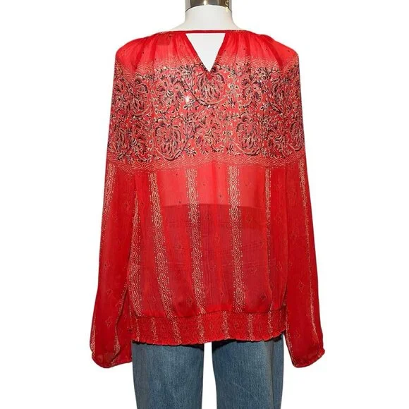 LUCKY BRAND  Women Top BLOUSE Size Large KEYHOLE NECK RED SEMI SHEER Peasant - Picture 3 of 11
